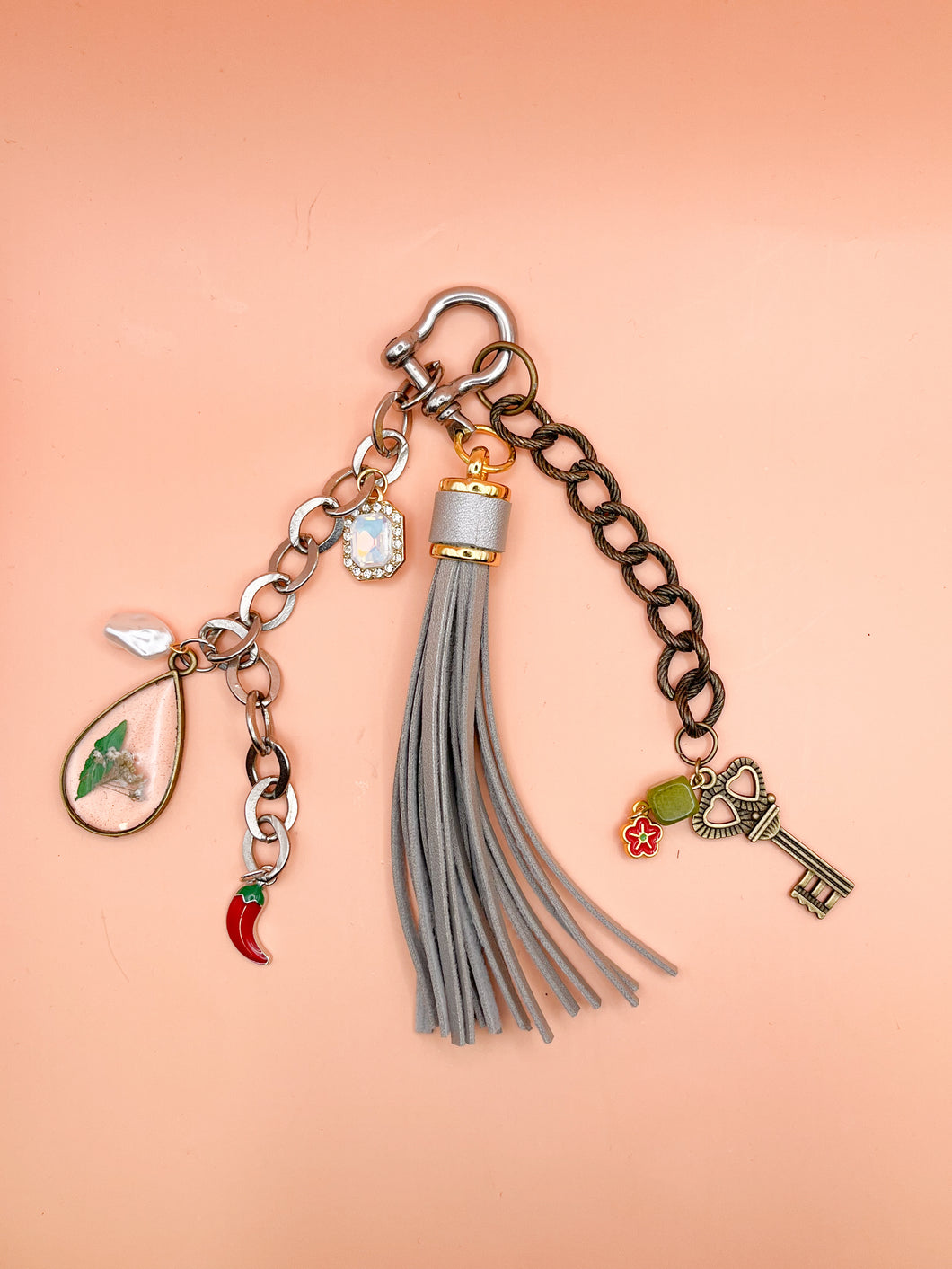 Grey tassel bag charm