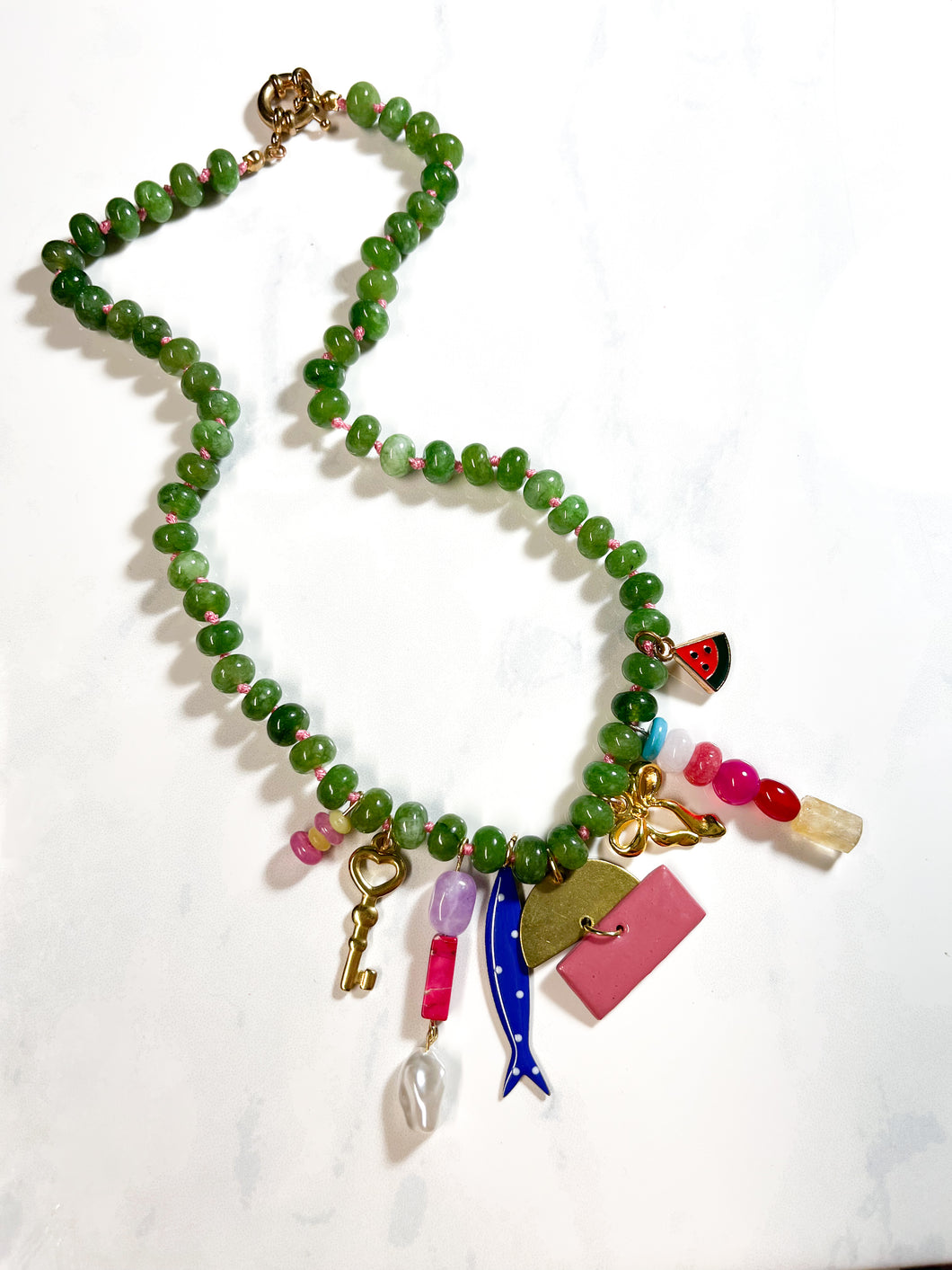 Green beaded charm necklace